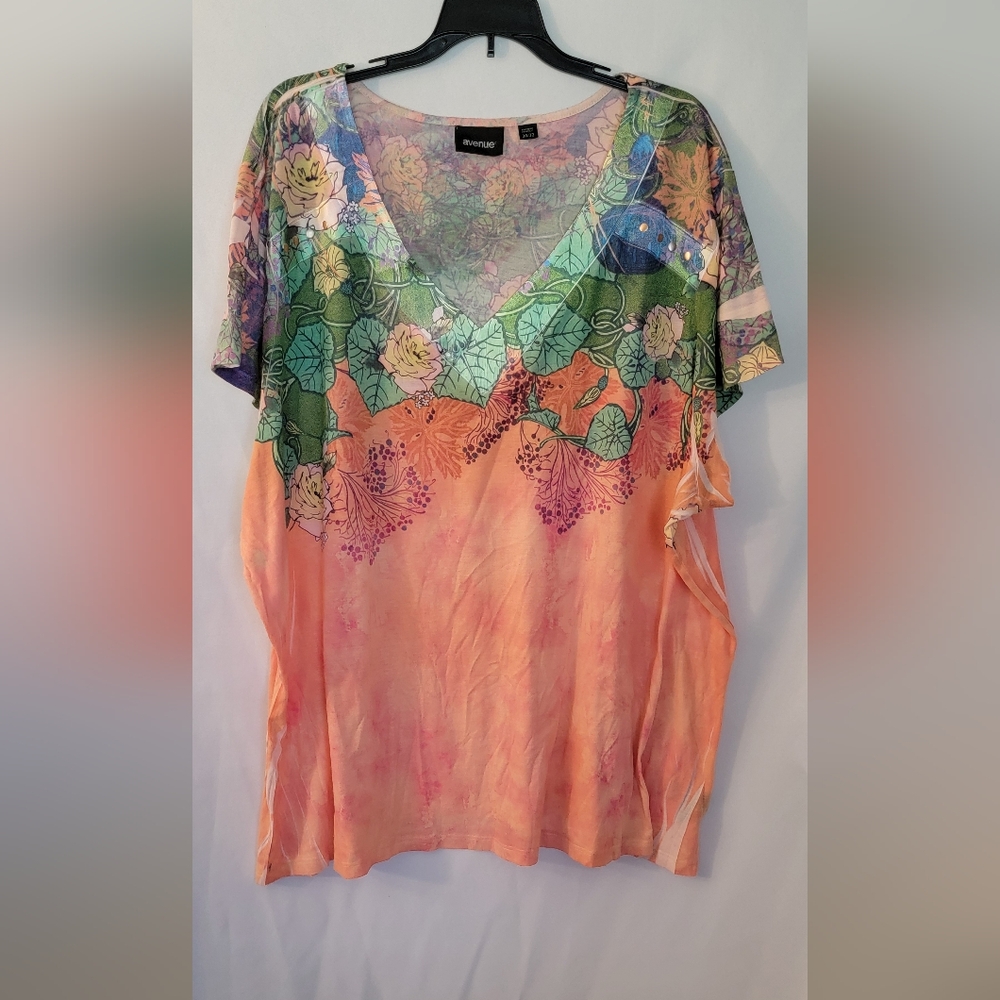 Avenue Orange and Green Floral V-Neck Pullover Top Size 30/32